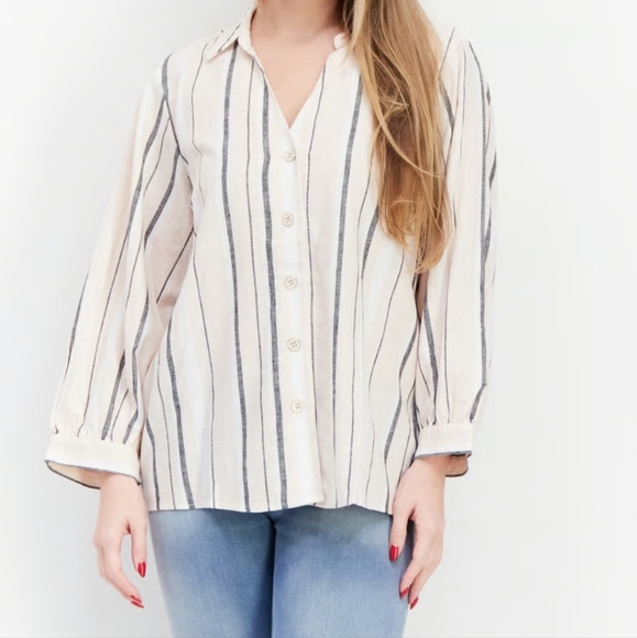 Karl Lagerfeld Spread Collar Peach Grey Striped Linen Blend Button Up Medium - Picture 1 of 7